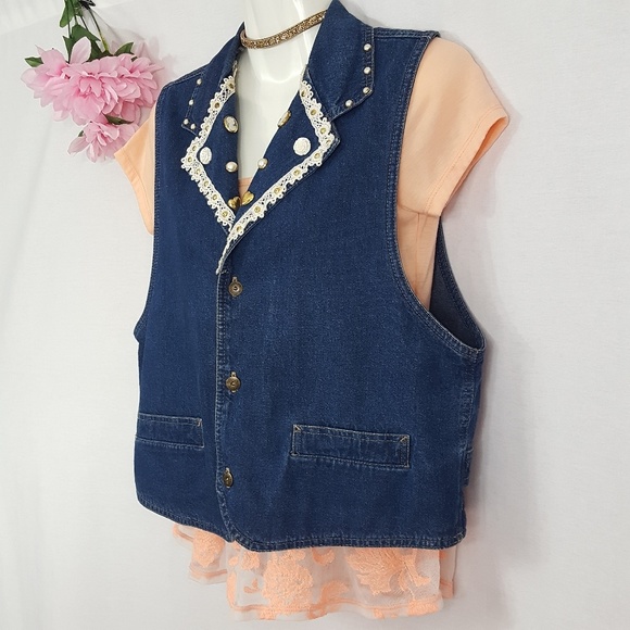 Vintage Dreams Cameo Pearl Heart Jean Vest S - Picture 4 of 6
